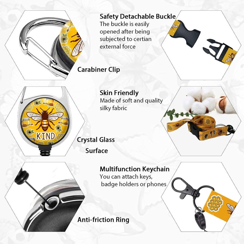GIANCOMICS Cute Bee Kind Lanyards for Id Badges, Retractable ID Badge Holder with Detachable Lanyard, Fashionable Badge Reel Heavy Duty with 360 Degrees Rotate Carabiner Clip, Nurse Teacher Office Gifts - Image 4